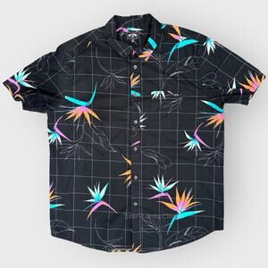 Billabong Mens XL Hawaiian Shirt Black Floral Plaid Button Up Button Down Surf